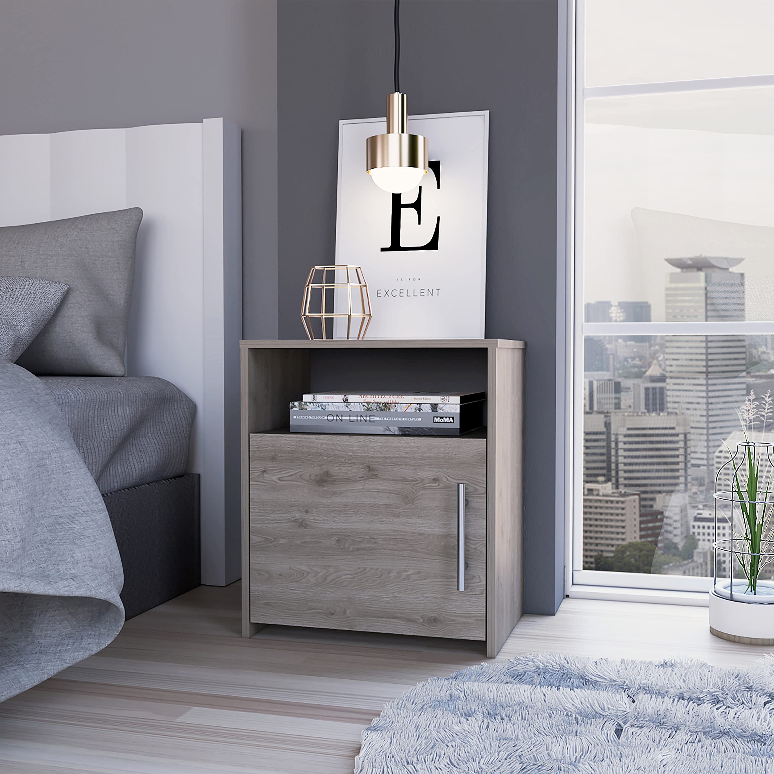 Omaha Nightstand, Single Door Cabinet, Metal Handle, 1 Shelf, Superior Top, Light Gray